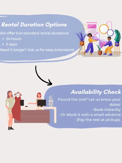 Here’s how easy it is to book your outfit. I offer flexible rental durations and a simple process to check availability and block your favorite look.