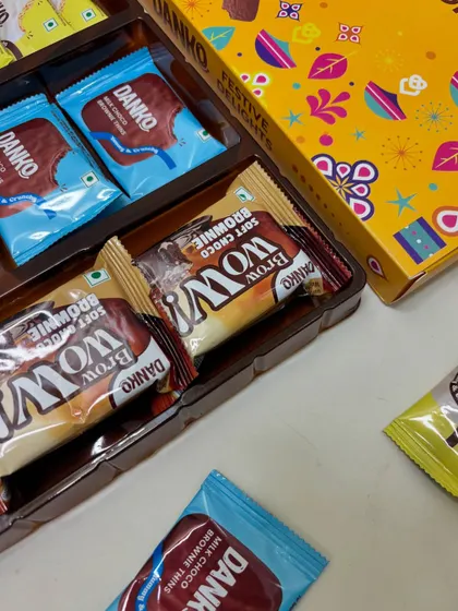 A detailed shot of the Danko Soft Choco Brownie 'Wow!' chocolates, a popular item often included in my custom hampers.