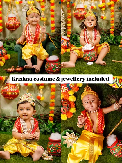 A collage showing the variety of Krishna costumes and jewelry provided for the Janmashtami shoots.