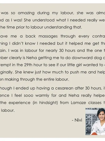 A client shares how my support during labor was immensely helpful, helping her and her partner manage the different stages with ease and make timely decisions. (Duplicate of 62, using different text from original post)