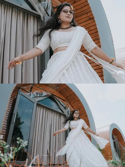 A collage of a bride in a stunning all-white lehenga for a modern Haldi or Mehendi look.