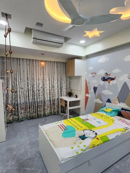 A wide shot of the adventure-themed room, showing all the custom elements.