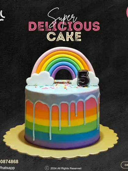 A vibrant rainbow drip cake perfect for a 5th birthday. The colorful striped base is topped with a glossy drip, a fondant rainbow, and fluffy clouds for a cheerful and delicious treat.