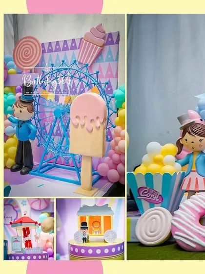 A close-up of the delightful details from our candy carnival theme, including character figurines, a mini Ferris wheel, and giant candy props.