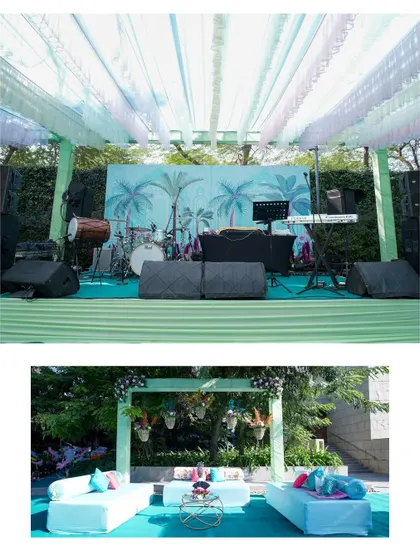 A look at the Mehndi event setup, from the live band stage to the comfortable guest seating. I capture the full ambiance of your celebration.