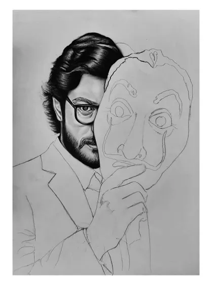 The 96-hour process of drawing El Professor. These images show the careful work of capturing his likeness and the iconic Dali mask.