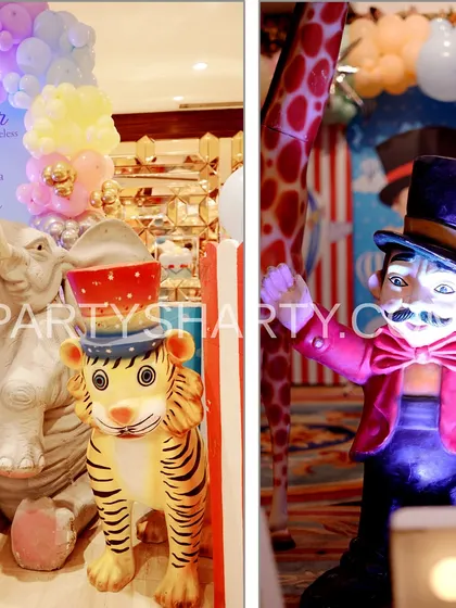 Close-up of the detailed 3D props used in our carnival themes, including a circus elephant, tiger, and a classic ringmaster figure.