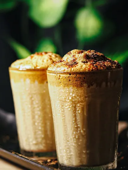 Two glasses of Dalgona coffee against a dark, leafy background. This shot feels lush and organic, perfect for a brand that wants to highlight natural ingredients.
