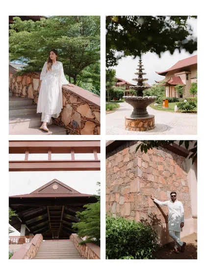A collage from a pre-wedding shoot at a resort, showcasing the beautiful architecture and serene moments between the couple.