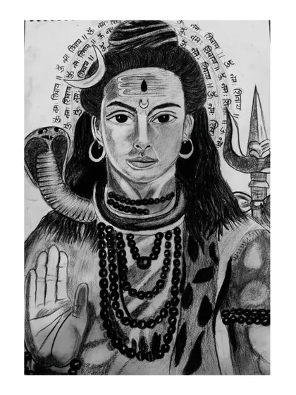Our drawing classes help students build strong foundational skills, progressing to create detailed and expressive pieces like this charcoal sketch of Lord Shiva. We guide each artist to bring their vision to life on paper.