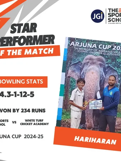 Hariharan's exceptional bowling figures of 5 wickets for 12 runs earned him the Star Performer of the Match award in the Arjuna Cup.