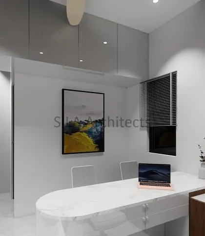 A 3D concept for a doctor's consultation room within a hospital. The design is clean, professional, and calming, with minimalist furniture and organized storage to ensure a focus on patient care.