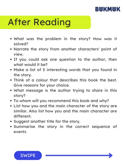 'After Reading' questions for the under-8 age group. Simple, engaging prompts like narrating the story from another character's view or listing interesting new words make post-reading activities enjoyable.