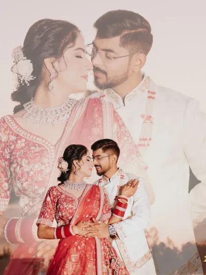 A collage of the couple from their post-wedding shoot, focusing on their loving interactions.
