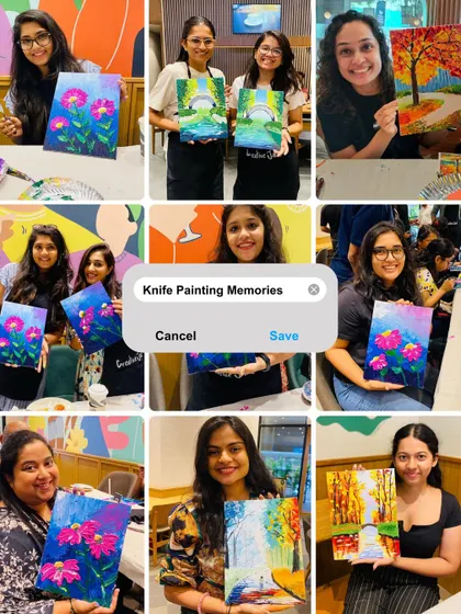 A collage of smiling women holding their colorful knife paintings. This workshop focuses on creating texture and bold strokes with a palette knife.