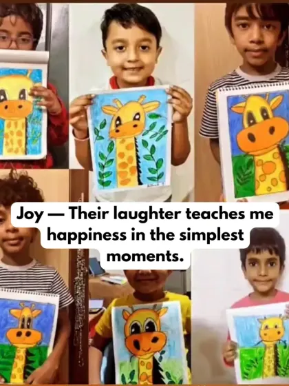 The pure joy on their faces is my greatest reward. This collage shows several students from an online class, each proudly holding their unique giraffe painting, all created with bright smiles.