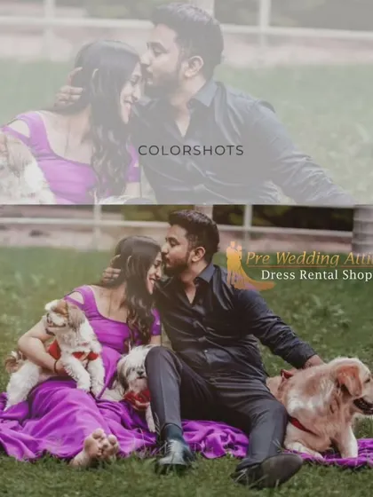 This maternity shoot shows that you can include your beloved pets! Our purple flowy gown provides a beautiful spread of color on the grass for a memorable family portrait.