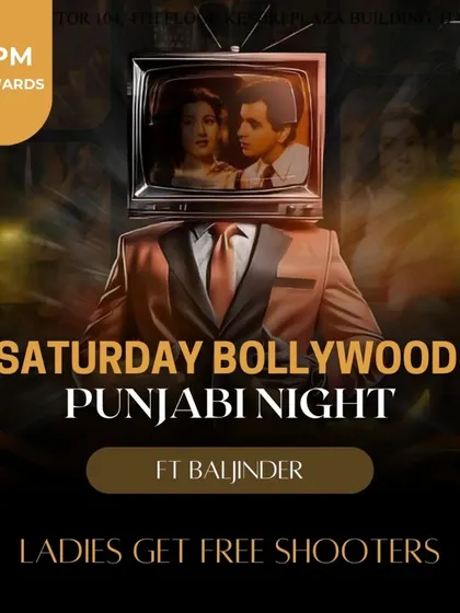 A creative poster for a Bollywood Punjabi Night, using a retro TV head to create a unique and memorable visual for the event.