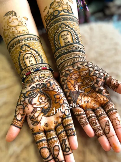 Celebrating the journey to motherhood with a custom baby shower mehandi. This design features adorable "mom-to-be" and "dad-to-be" portraits, surrounded by intricate patterns and baby-themed motifs.