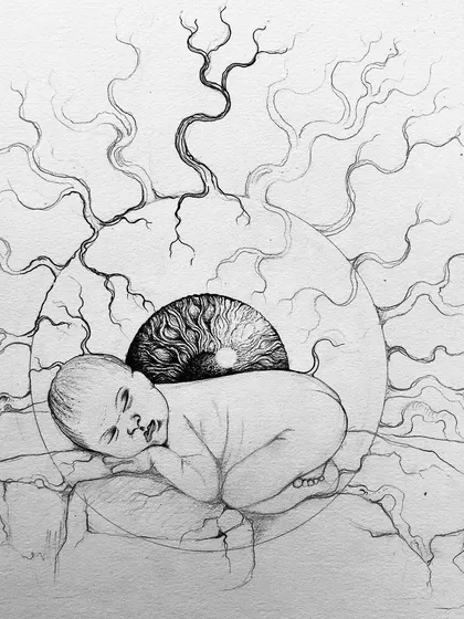Adding the background elements. The large, watching eye and the branching, vein-like tree roots begin to frame the sleeping child, introducing the surreal and symbolic themes of the artwork.