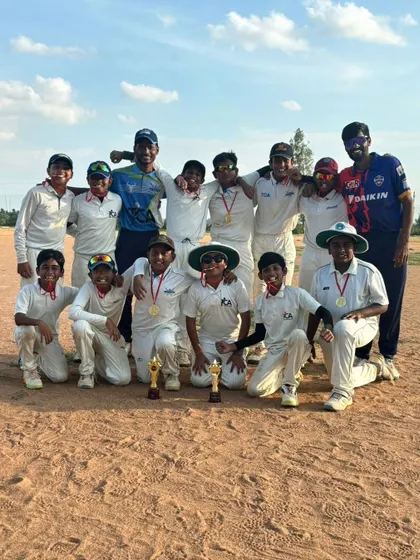 Our victorious U-12 team after winning a one-day tournament, showing the strength of our junior cricket program.