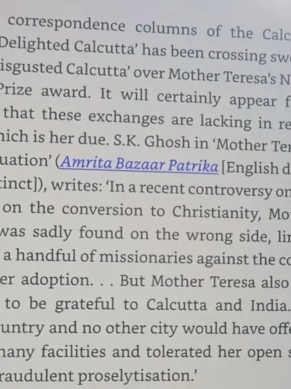 An extract from Aroup Chatterjee's book on Mother Teresa. It provides historical context from 1979, showing that her support for proselytization was a known issue even then.