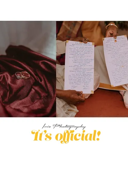 This collage pairs a detail shot of the rings with a photo of the official marriage document, signifying the moment it all becomes official.