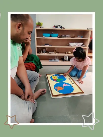 Shrishti points out continents on the world map, showcasing her impressive geography knowledge. These presentations are a highlight for our families, making learning visible and exciting.