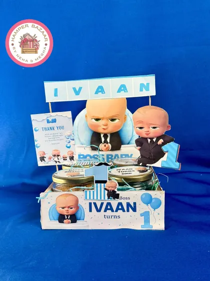 A full view of the 'Ivaan turns one' Boss Baby hamper, showing how we layer different elements to create a 3D effect.