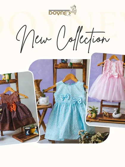 Announcing my new collection with a collage of beautiful dresses in brown, blue, and pink. There's a style here for every little fashionista.