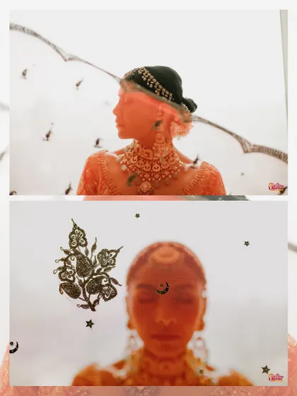 An artistic and creative bridal portrait, using reflections and overlays to create a unique and memorable image.