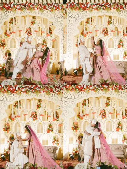 A collage of the Varmala ceremony, capturing the playful and joyous exchange of garlands between the bride and groom.