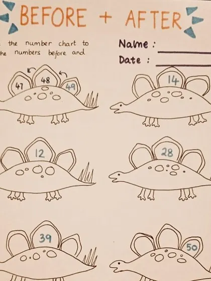 A dinosaur-themed worksheet helps children practice identifying the numbers that come before and after a given number, making a standard math exercise more engaging.