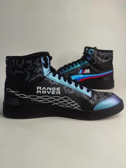 Custom-made Puma high-tops for a private client who loves luxury cars. This pair features details from both Range Rover and BMW.
