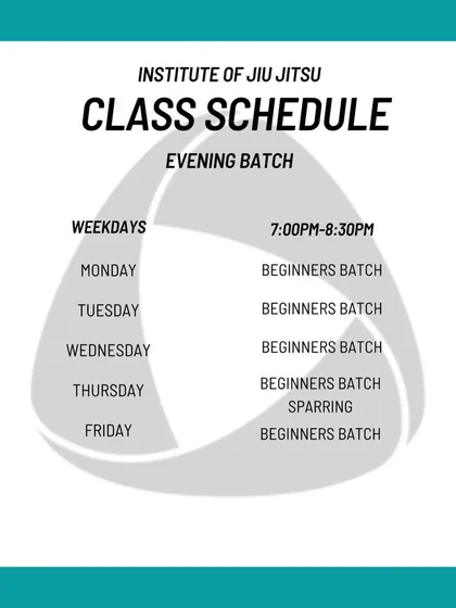 The evening batch schedule, showing our 7:00 PM to 8:30 PM beginners class block from Monday to Friday.