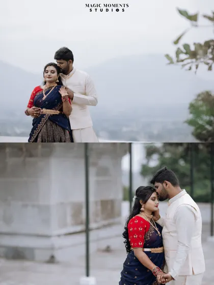 A collage of romantic poses from Chethan and Muddugnaga's engagement session. The soft, overcast light is perfect for creating a moody and intimate feel.