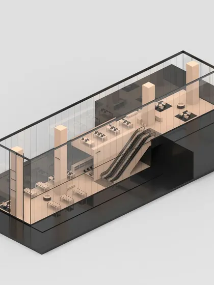 This conceptual model for a premium retail space illustrates our approach to communicating design intent. The model shows a two-level store with a clear glass enclosure and a central escalator, emphasizing spatial volume and circulation.