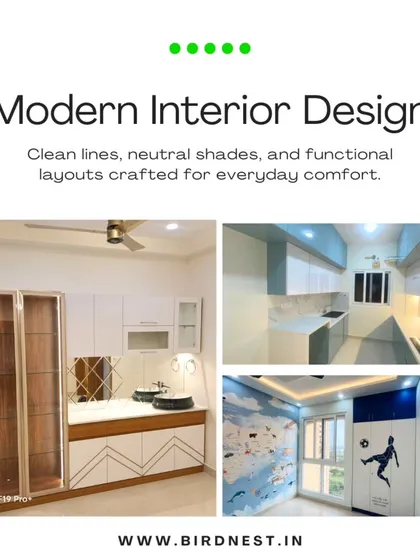 A showcase of our modern interior design capabilities. This collage features a custom crockery unit, a sleek modular kitchen, and a creative kids' room wardrobe.