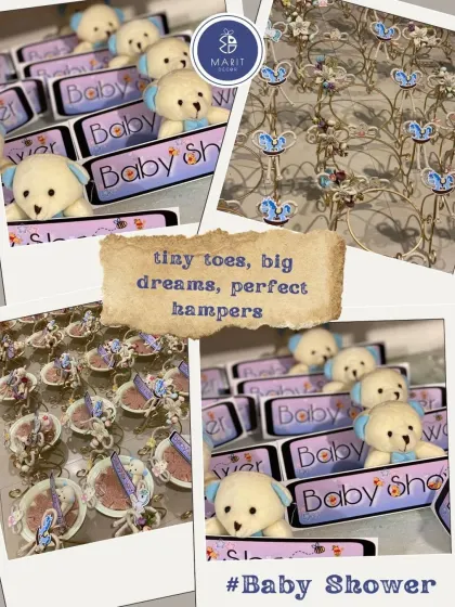 Tiny toes, big dreams, perfect hampers. This collage shows some of my baby shower favors, including cute teddy bear themed chocolates and other small, personalized gifts.