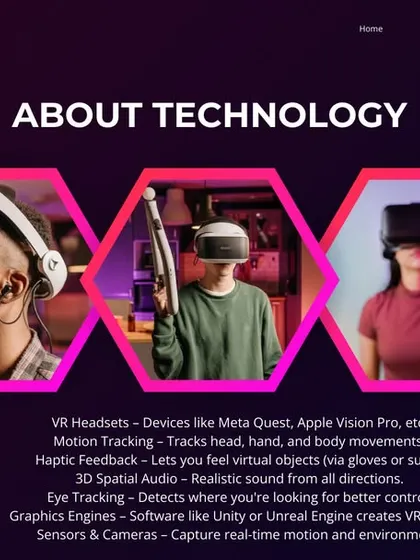An informational graphic explaining the technology behind Virtual Reality, including headsets, motion tracking, and haptic feedback.