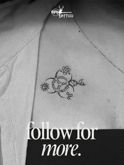 A unique and personal tattoo for a PhD in virology, combining symbols of antibodies, DNA, and a biohazard sign into an elegant and meaningful design.