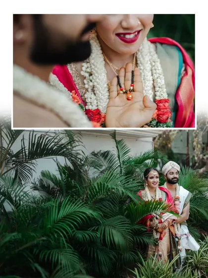 A collage featuring a close-up of the mangalsutra and a wide shot of the couple in a garden, symbolizing their union.