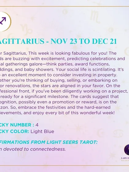 A fabulous week for Sagittarius, buzzing with celebrations and social gatherings. The stars are also aligned for investments in property, and professional recognition or a promotion is on the horizon.