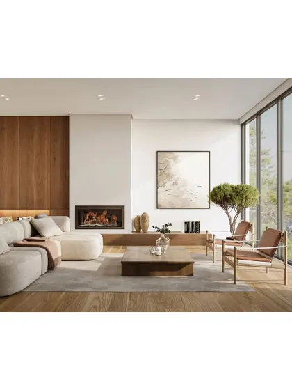 A minimalist living room that embraces natural materials. The design features a simple sectional sofa, a low wooden media console, and a large window framing a beautiful outdoor view.