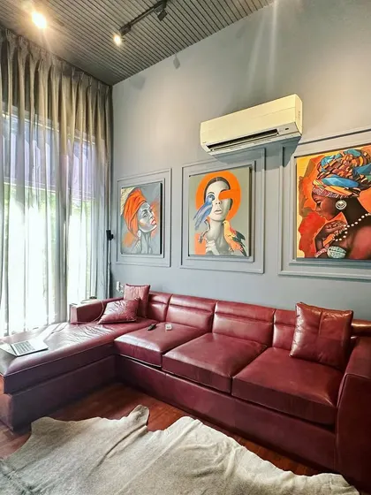 This angle shows the high ceiling and full-length curtains, which add a sense of grandeur to the TV lounge. The track lighting is positioned to highlight the artwork.