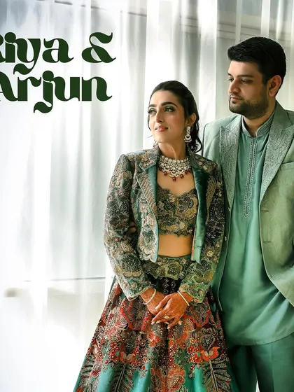 A stylish portrait of the couple from their welcome lunch in Fujairah, showcasing their elegant and modern ethnic wear.