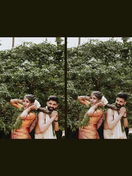 A playful black and white diptych of a couple after their temple wedding.