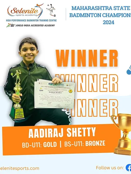 A double podium finish for Aadiraj Shetty at the Maharashtra State Mini Championships, winning Gold in U-11 Boys Doubles and Bronze in U-11 Boys Singles.
