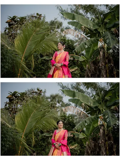A collage of the bride posing against a backdrop of lush greenery, capturing her elegance.