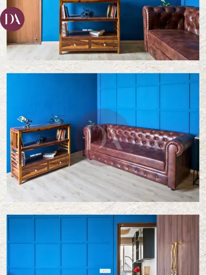 A collage of the bold blue room, showing different angles and details. It highlights our pro tip: condition leather furniture to keep it soft and beautiful for years to come.